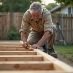 Charpentier mesurant une solive en bois sur une structure de terrasse en cours de construction dans un jardin résidentiel