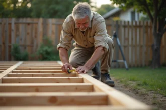 Charpentier mesurant une solive en bois sur une structure de terrasse en cours de construction dans un jardin résidentiel