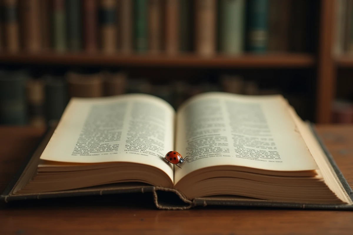Coccinelle se promenant sur un livre ouvert posé sur un bureau en bois, évoquant la signification symbolique de cet insecte dans la maison
