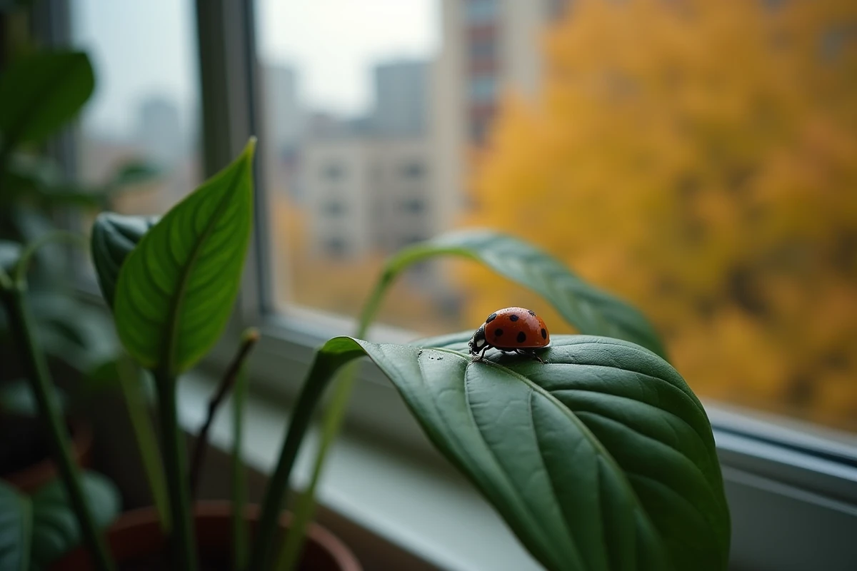 Coccinelle sur une feuille de plante verte près d'une fenêtre en automne, illustrant la signification de son apparition saisonnière dans un intérieur