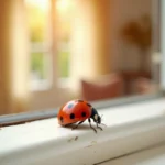 Coccinelle rouge posée sur le rebord d'une fenêtre intérieure en bois blanc, symbolisant une apparition dans la maison