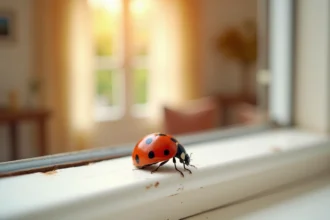 Coccinelle rouge posée sur le rebord d'une fenêtre intérieure en bois blanc, symbolisant une apparition dans la maison