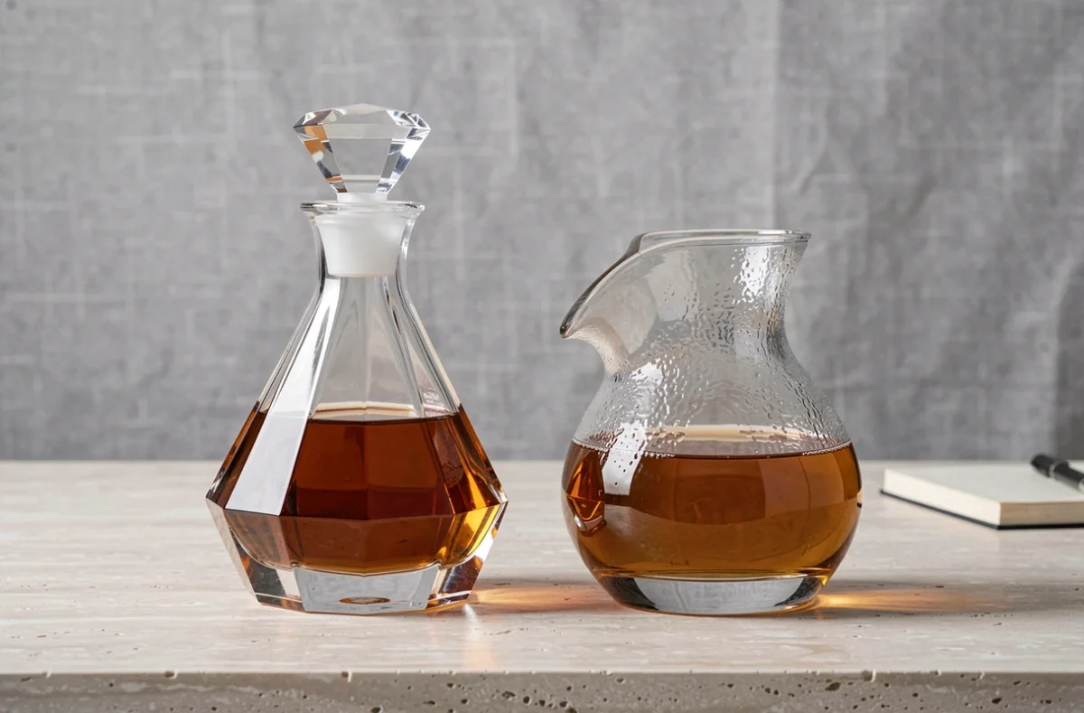 Comparaison côte à côte d'une carafe en cristal taillé et d'une carafe en verre soufflé remplies de whisky sur un comptoir en pierre