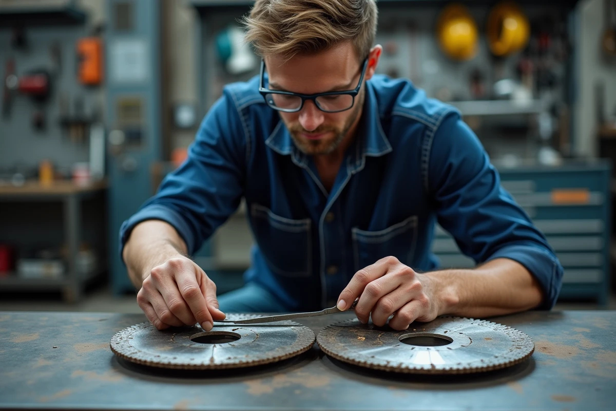 Comparaison entre un disque tronçonner neuf et un disque usé mesuré au pied à coulisse sur un établi métallique