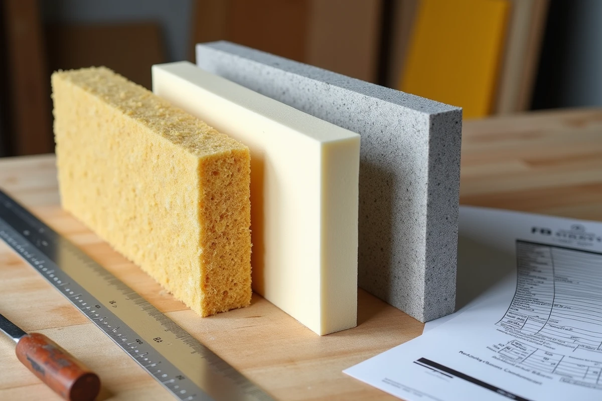Comparaison de différentes plaques d'isolation thermique sur un établi d'atelier avec fiches techniques en 2026