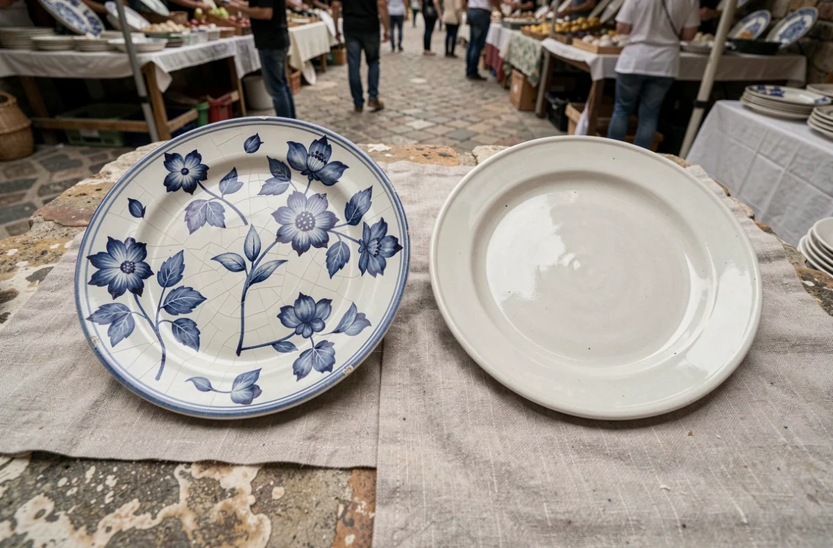 Comparaison côte à côte d'une authentique assiette de Moustiers et d'une reproduction sur un marché provençal en plein air