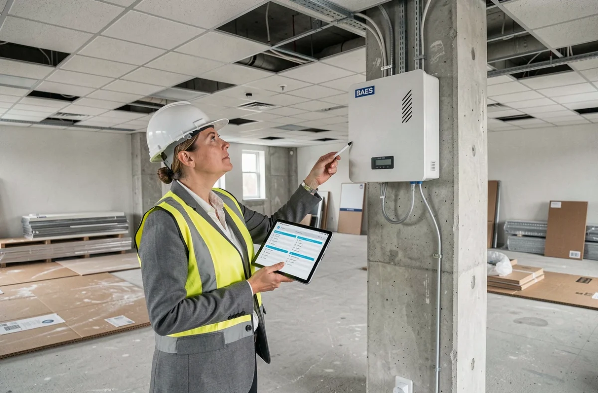 Conductrice de travaux vérifiant l'installation d'un BAES sur chantier de bureaux avant réception avec tablette de contrôle