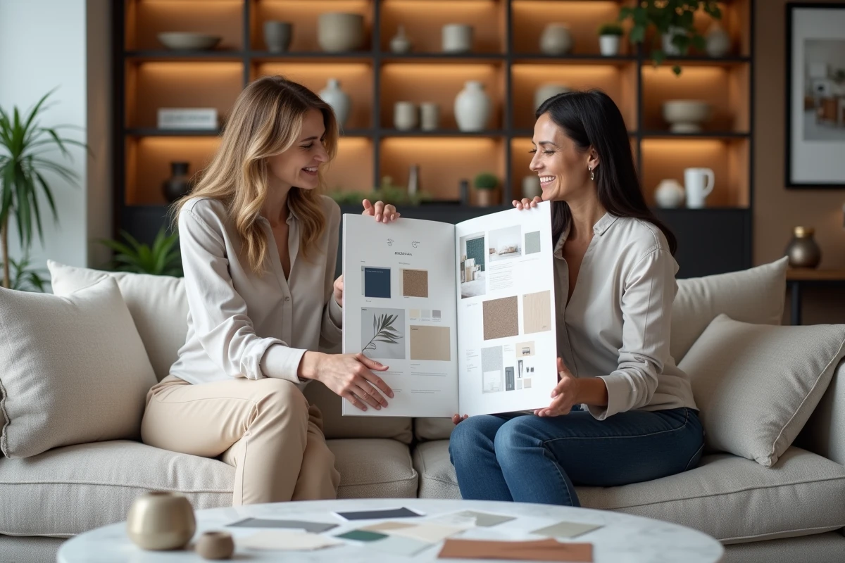 Décoratrice de LeSavoirFaireDéco à Lille présentant un mood board de projet à une cliente dans un showroom de décoration