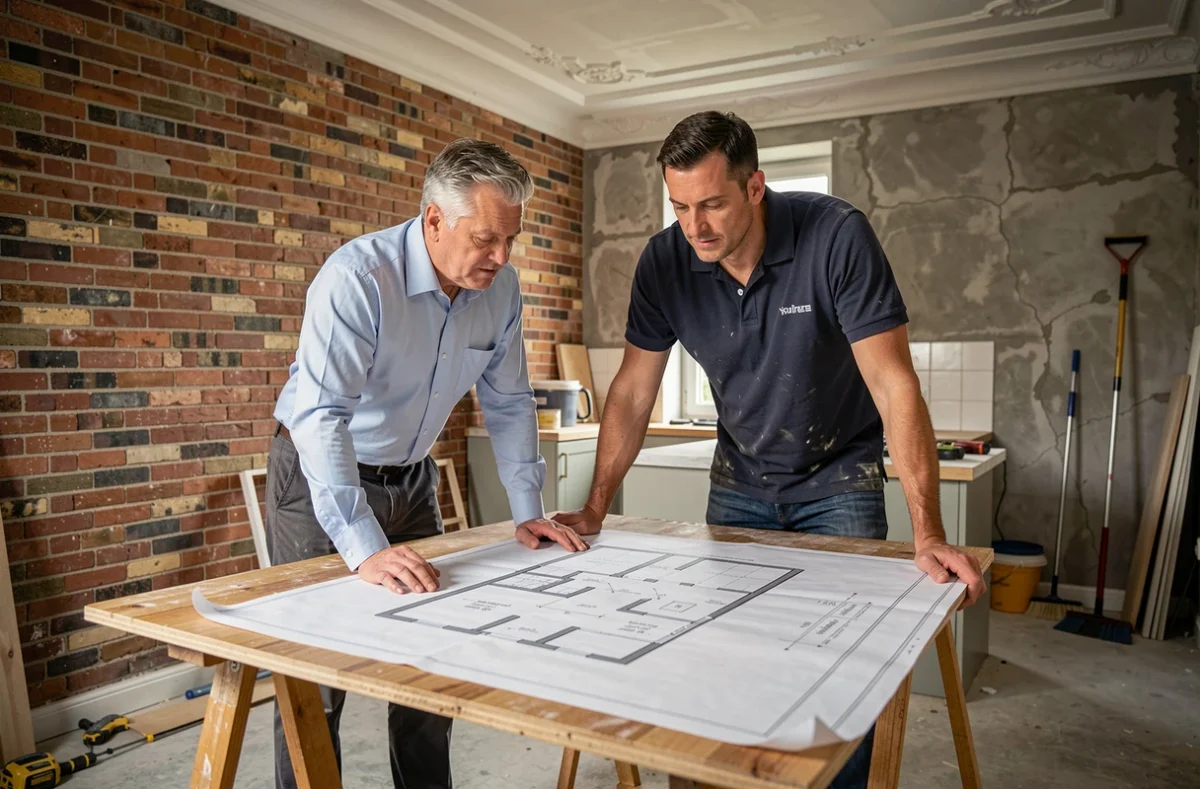 Propriétaire et artisan examinant des plans de rénovation dans une maison de ville lilloise en cours de travaux, coordination de chantier après acquisition immobilière