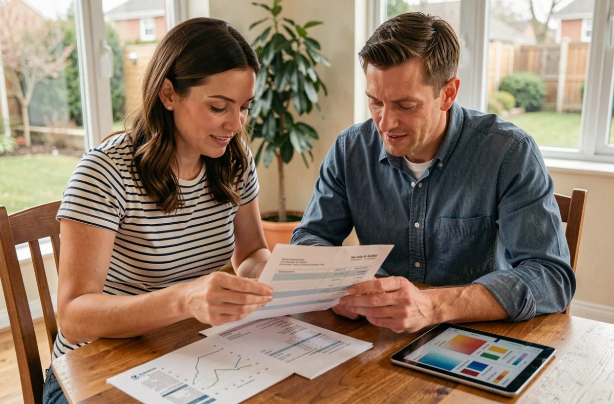 Couple analysant leur facture d'eau et un graphique de consommation sur tablette à la maison