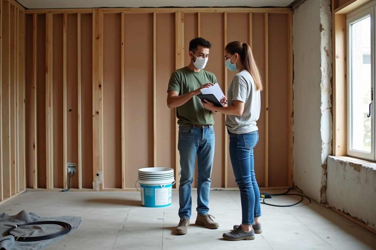 Couple de bricoleurs examinant les plans de rénovation sur tablette dans un salon en cours de chantier