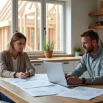 Couple étudiant les plans et le budget d'un projet de construction sur une table avec des documents architecturaux et un ordinateur portable