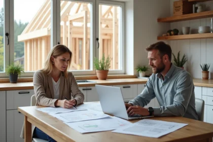 Couple étudiant les plans et le budget d'un projet de construction sur une table avec des documents architecturaux et un ordinateur portable