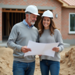 Couple souriant examinant des plans de construction