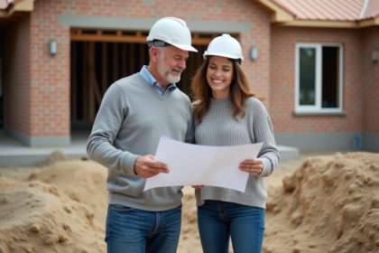 Couple souriant examinant des plans de construction