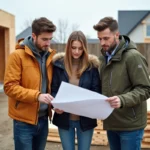 Jeune couple examine plans de construction sur site