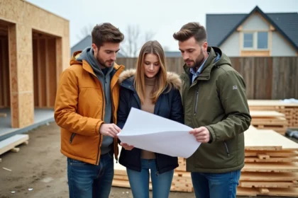 Jeune couple examine plans de construction sur site