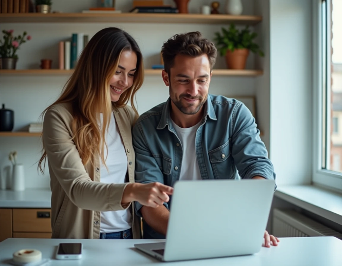 Couple consultant des avis et retours d'expérience Ancronix Maison sur un ordinateur portable