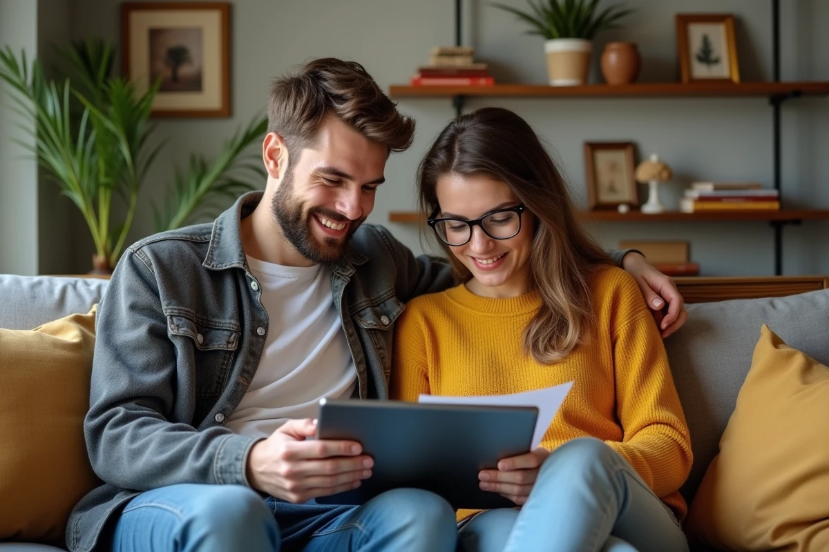 Jeune couple discutant de finances avec une tablette dans le salon