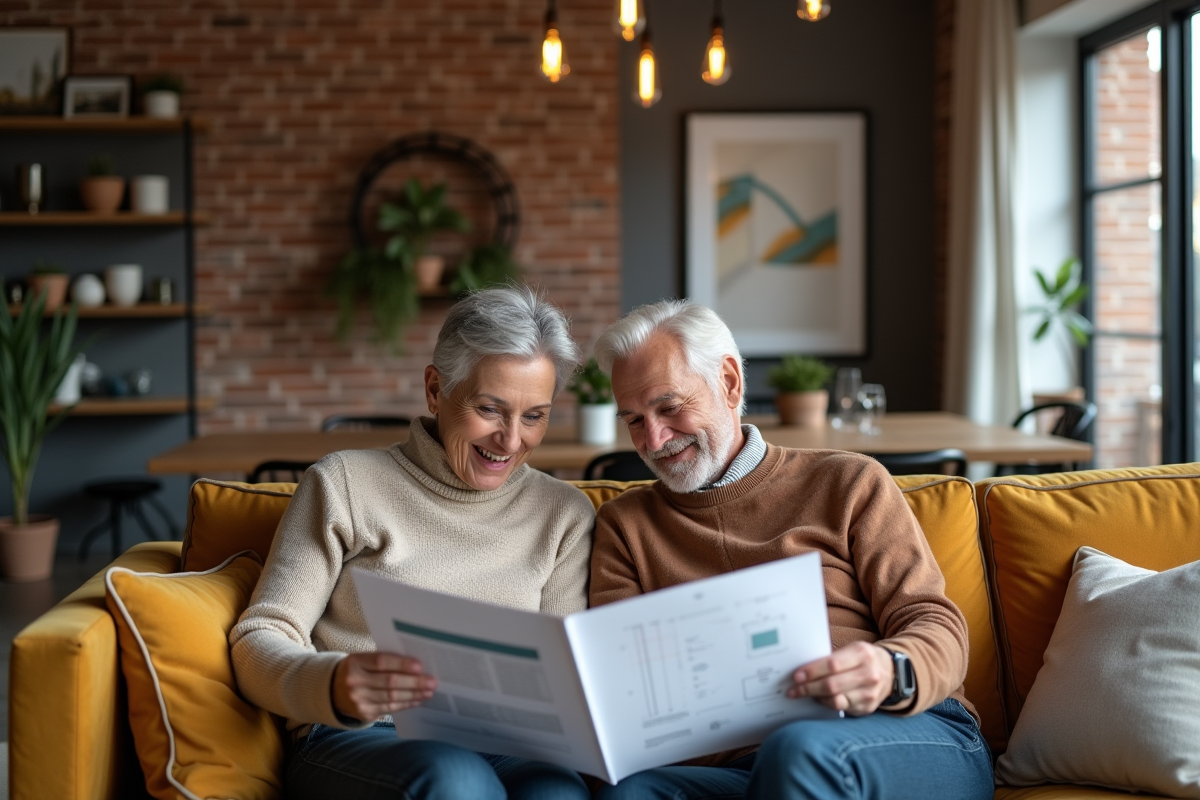 Couple discutant de design interieur sur un sofa cosy