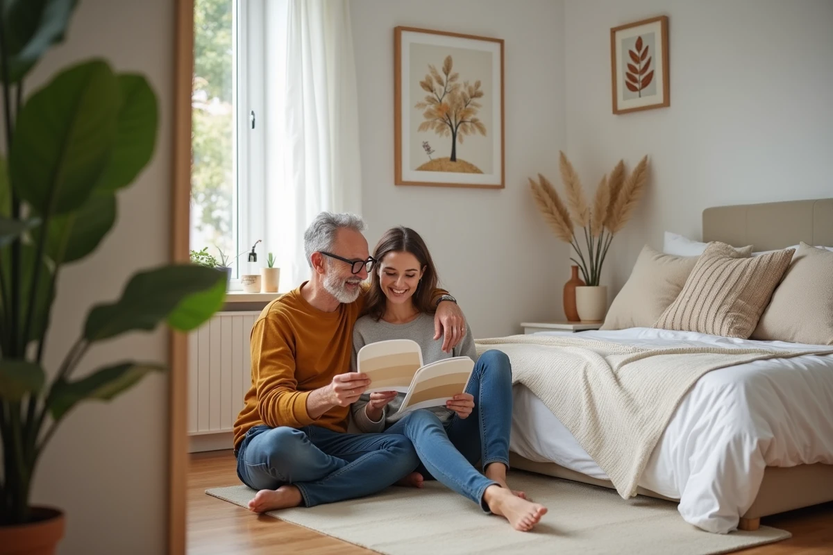 Couple discutant des échantillons de peinture dans leur chambre