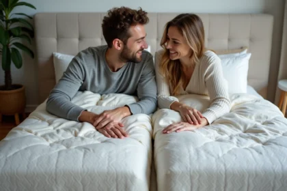 Jeune couple compare deux matelas dans la chambre