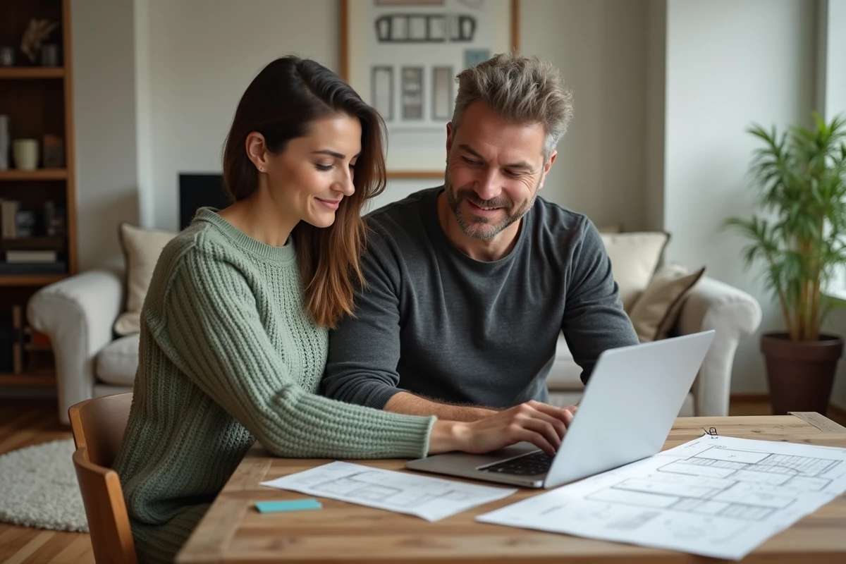 Couple de propriétaires planifiant des travaux de rénovation à domicile avec échantillons matériaux et ordinateur portable