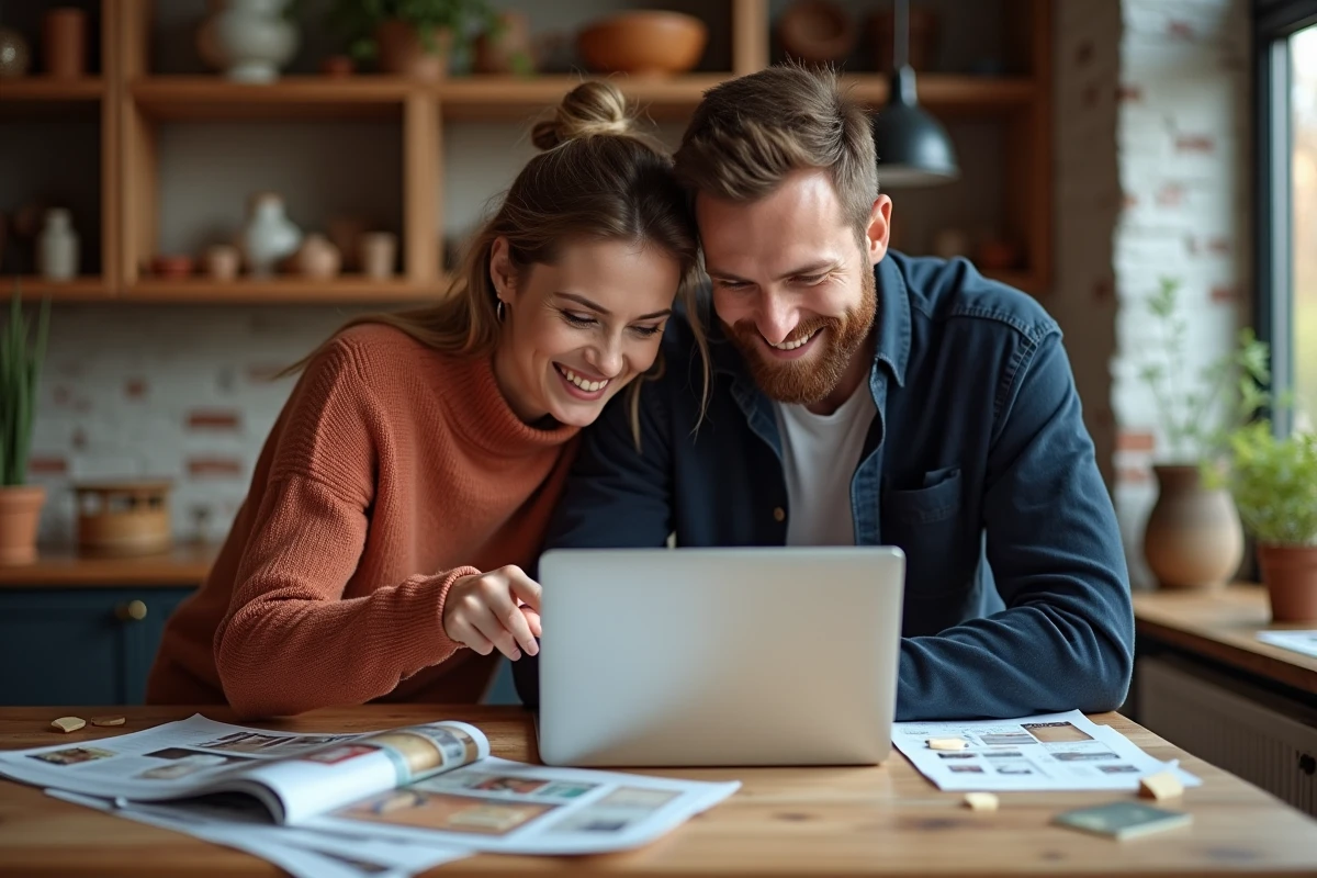 Couple en train de planifier ensemble l'aménagement de leur maison autour d'un ordinateur et de magazines de décoration intérieure
