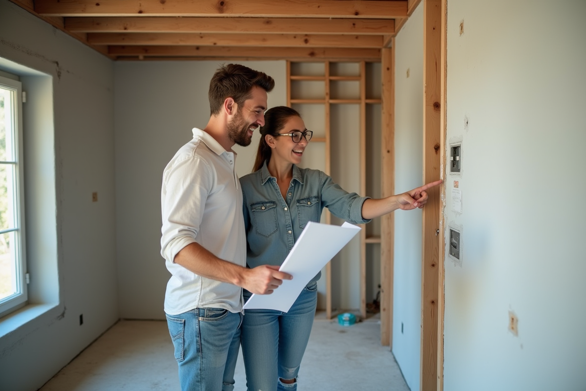 Jeune couple regardant des plans de rénovation dans une pièce en travaux