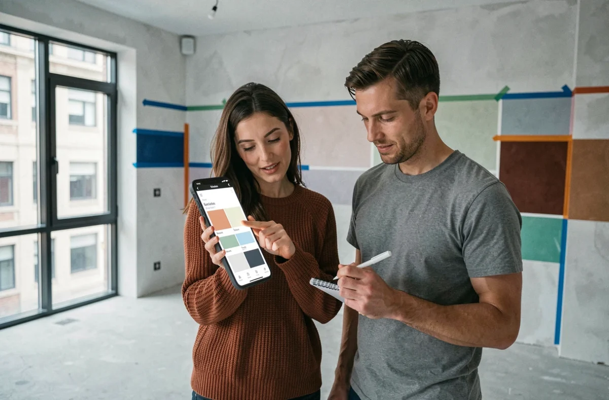 Couple testant un simulateur de décoration murale sur smartphone dans un appartement vide en cours de rénovation