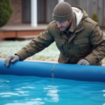 Homme en parka posant une couverture solaire sur la piscine