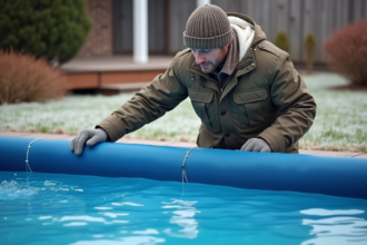 Homme en parka posant une couverture solaire sur la piscine