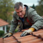 Ouvrier couvreur inspectant un toit en tuiles anciennes