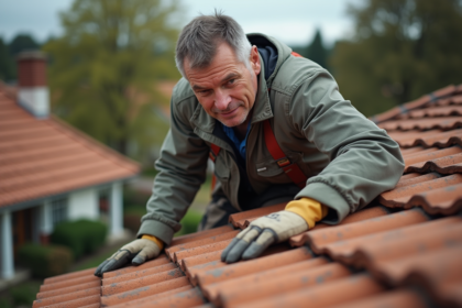 Ouvrier couvreur inspectant un toit en tuiles anciennes