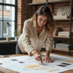 Décoratrice d'intérieur de l'agence LeSavoirFaireDéco à Lille penchée sur des croquis et échantillons de matières sur une table de travail en bois