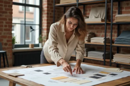 Décoratrice d'intérieur de l'agence LeSavoirFaireDéco à Lille penchée sur des croquis et échantillons de matières sur une table de travail en bois