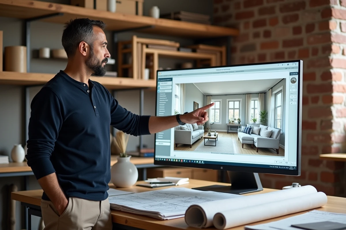 Designer d'intérieur masculin travaillant sur une application de planification 3D dans un studio de décoration professionnel