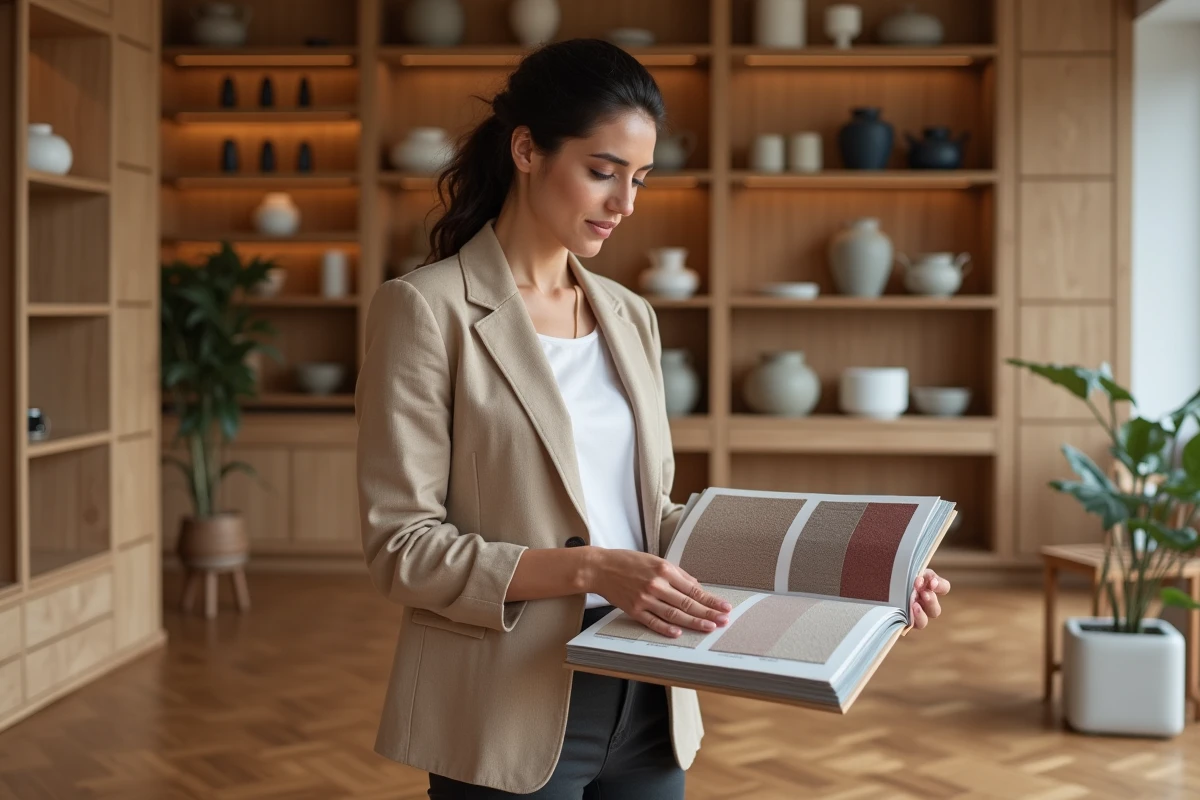 Designer d'intérieur consultant des échantillons de tissu dans une boutique de mobilier haut de gamme aux boiseries en chêne