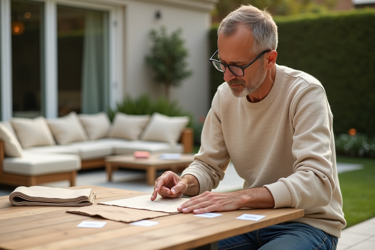 Designer d interieur examine des tissus beige en extérieur