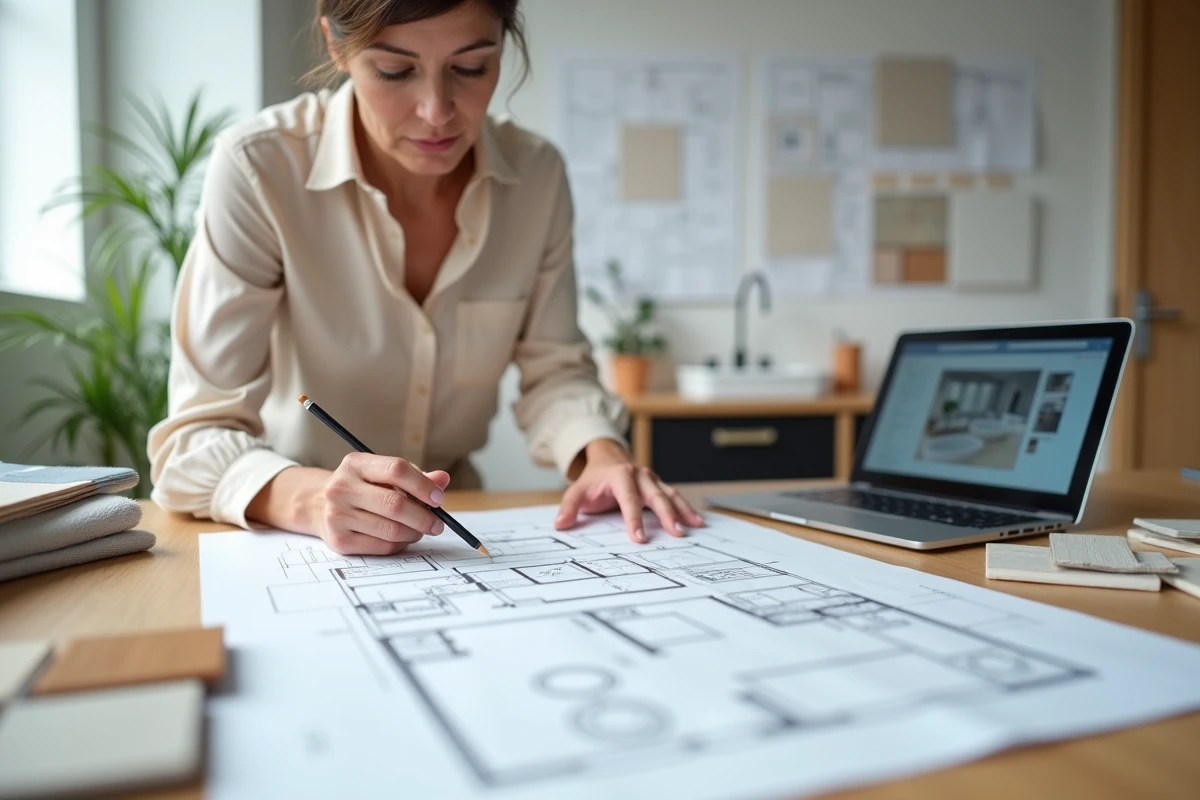 Designer d'intérieur consultant un plan 3D de salle de bain avec échantillons de matériaux sur un bureau de studio