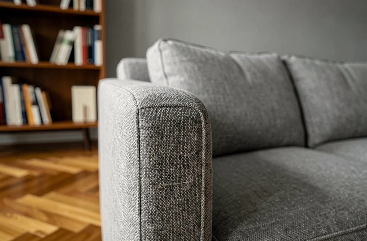 Détail d'un accoudoir de canapé recouvert d'un plaquage fibrecouture sur mesure à texture fine