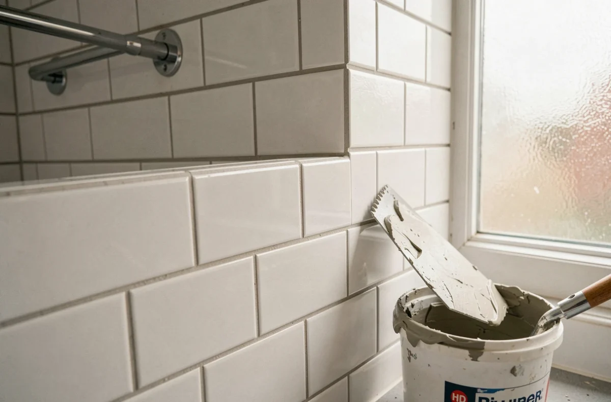 Détail de carrelage mural blanc posé avec joints gris dans une salle de bain rénovée