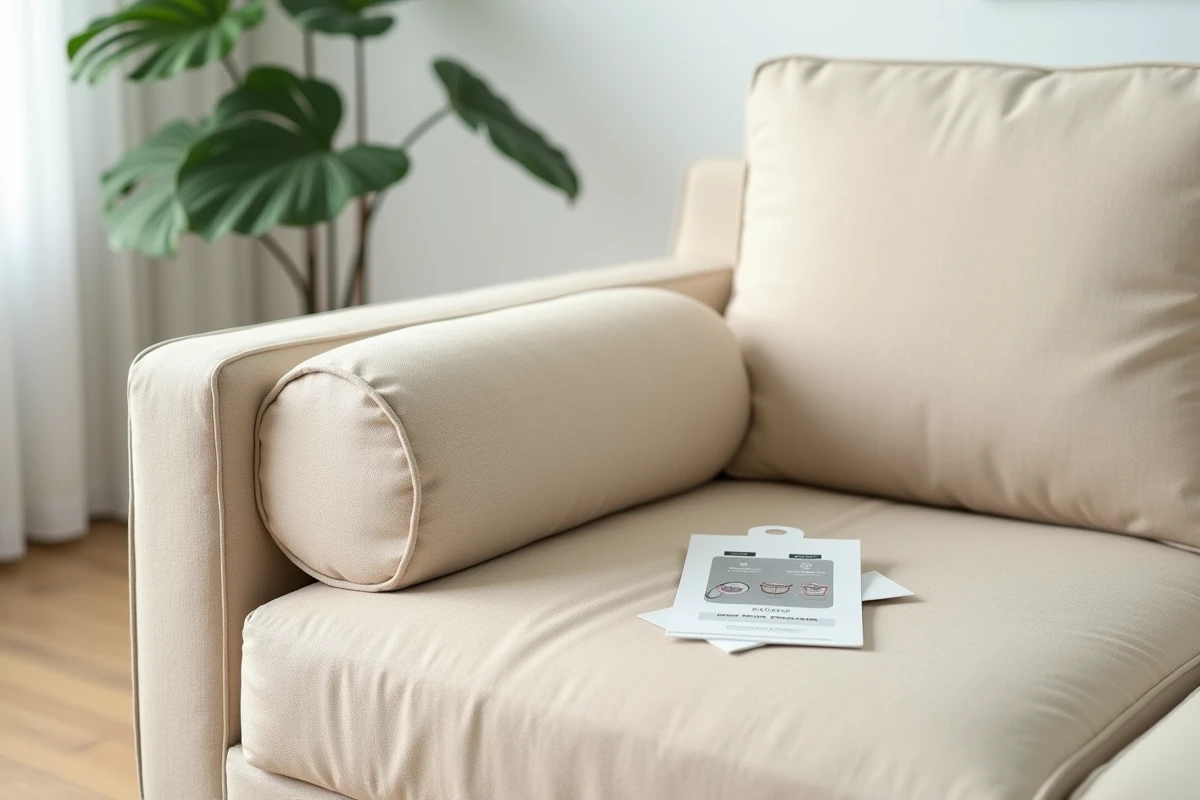 Gros plan sur le système élastique et la couture d'angle d'une housse de canapé d'angle en lin beige bien ajustée