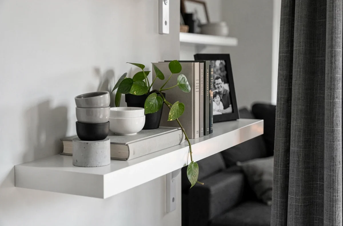 Détail étagère salon familial en noir gris blanc avec céramiques plante verte et photographie en cadre noir