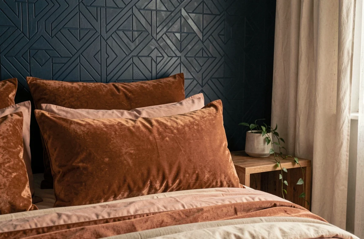 Détail chambre cocooning avec papier peint géométrique bleu marine, linge de lit terracotta et rideau en coton crème