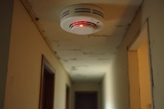 Détecteur de fumée au plafond d'un appartement en location avec voyant rouge allumé