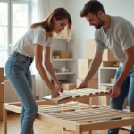 Jeune couple démontant un lit en bois dans un salon lumineux