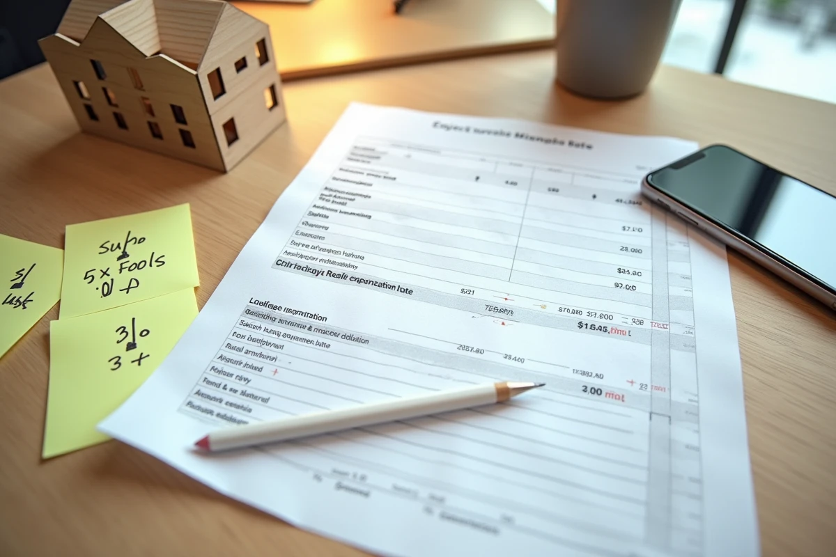 Vue en plongée d'un bureau avec un devis de construction imprimé, une maquette de maison et une application de gestion budgétaire sur smartphone