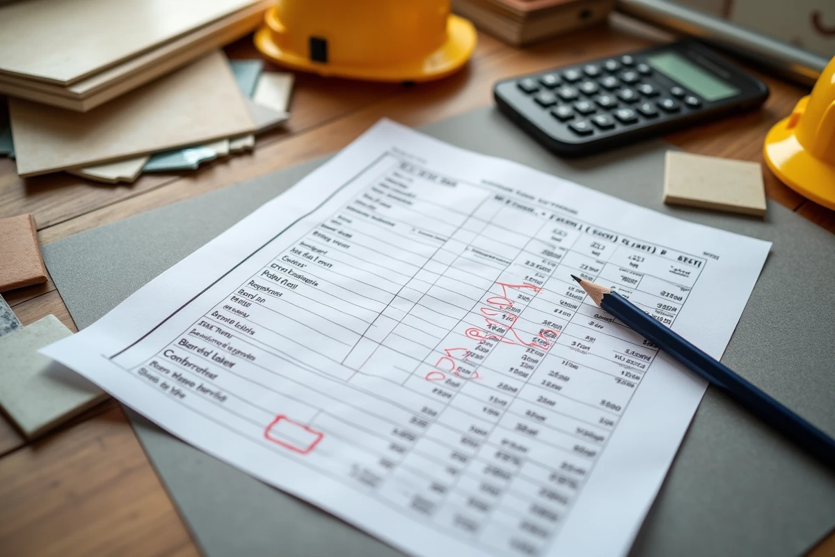 Devis de pose de carrelage avec prix au m2 annoté à la main, posé sur une table d'artisan avec des échantillons de carrelage