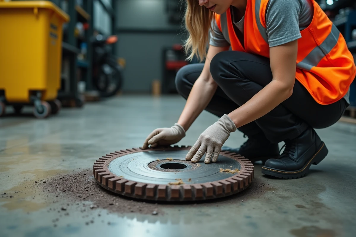 Disque tronçonner métal hors d'usage avec déformation et segments manquants posé sur un sol béton en atelier